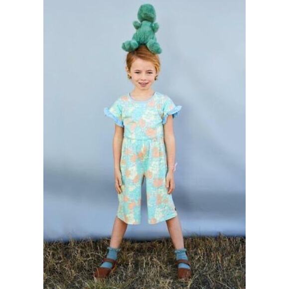 Matilda Jane Sz.6 Far Out Floral Romper Stretch Knit Ruffle Pocket Play Jumpsuit - Picture 1 of 9